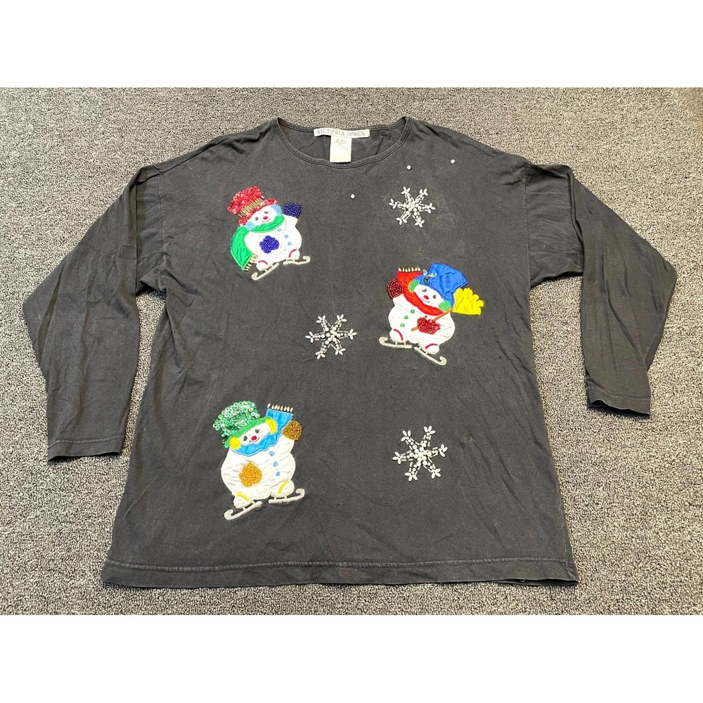 Vintage Victoria Jones Shirt Womens Large Gray Sequin Detail Snowman Snowflake